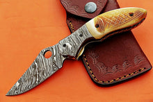 Load image into Gallery viewer, Custom Handmade Damascus Folding/Pocket Knife With Engraved Camel Bone Handle