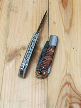 Load image into Gallery viewer, Custom Handmade Damascus Steel Back-Lock Pocket | Folding Knife | Leather Sheath- Buffalo Horn Handle