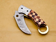 Load image into Gallery viewer, Custom Handmade Damascus Folding-Pocket Engraved Knife With Wood Handle & Pocket Clip