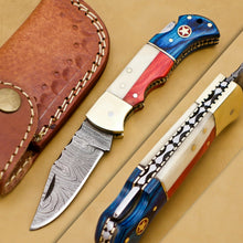 Load image into Gallery viewer, Custom Handmade Damascus Folding-Pocket Knife With Camel Bone And Hard Wood Handle