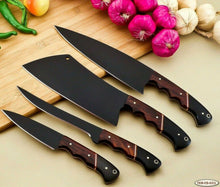 Load image into Gallery viewer, HS-140 Custom Handmade D2-Tool Steel 4 Pc's Chef Set Powder Coated with Leather Sheath