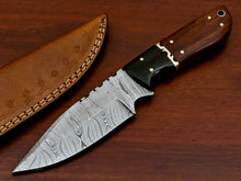 Load image into Gallery viewer, HS-570 HANDMADE DAMASCUS CUSTOM ROSE WOOD/HORN HANDLE SKINNING CAMPING KNIFE