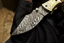 Load image into Gallery viewer, Custom Handmade Damascus Folding/Pocket Engraved Knife With Brown Micarta Handle