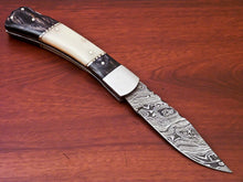 Load image into Gallery viewer, Custom Handmade Damascus Steel Back-Lock Pocket | Folding Knife | Leather Sheath-Hard Wood And Bone Handle
