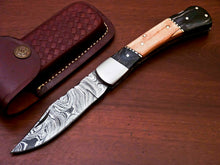 Load image into Gallery viewer, Custom Handmade Damascus Steel Back-Lock Pocket | Folding Knife | Leather Sheath - Camel Bone Handle