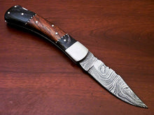 Load image into Gallery viewer, Custom Handmade Damascus Steel Back-Lock Pocket | Folding Knife | Leather Sheath - Wood Handle
