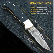 Load image into Gallery viewer, Custom Handmade Damascus Steel Back-Lock Pocket | Folding Knife | Leather Sheath-Olive Wood Handle