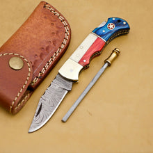 Load image into Gallery viewer, Custom Handmade Damascus Folding-Pocket Knife With Camel Bone And Hard Wood Handle