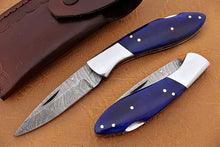 Load image into Gallery viewer, Custom Handmade Damascus Pocket Knife With Colour Camel Bone Handle