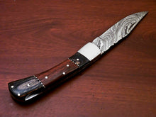 Load image into Gallery viewer, Custom Handmade Damascus Steel Back-Lock Pocket | Folding Knife | Leather Sheath - Wood Handle