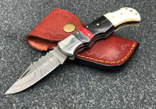 Load image into Gallery viewer, Custom Handmade Damascus Steel Back-Lock Pocket | Folding Knife | Leather Sheath- Different Handle