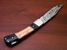 Load image into Gallery viewer, Custom Handmade Damascus Steel Back-Lock Pocket | Folding Knife | Leather Sheath - Camel Bone Handle