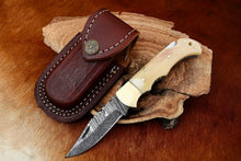Load image into Gallery viewer, Custom Handmade Damascus Steel Back-Lock Pocket | Folding Knife | Leather Sheath- Camel Bone Handle