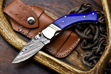Load image into Gallery viewer, Custom Handmade Damascus Steel Pocket Folding Knife - Beautiful Colour Bone Handle