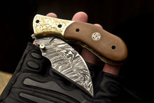 Load image into Gallery viewer, Custom Handmade Damascus Folding/Pocket Engraved Knife With Brown Micarta Handle