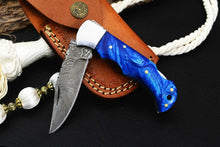 Load image into Gallery viewer, Custom Handmade Damascus Steel Back-Lock Pocket | Folding Knife | Leather Sheath- Blue Resin Handle