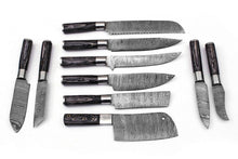 Load image into Gallery viewer, HS-182 Custom Handmade Damascus Steel Chef/Kitchen Knives Set lot of ten - Hard Wood Handle