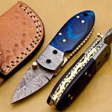 Load image into Gallery viewer, Custom Handmade Damascus Folding-Pocket Knife With Blue Hard Wood Handle