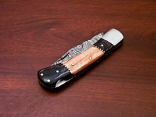Load image into Gallery viewer, Custom Handmade Damascus Steel Back-Lock Pocket | Folding Knife | Leather Sheath - Camel Bone Handle