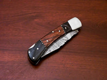 Load image into Gallery viewer, Custom Handmade Damascus Steel Back-Lock Pocket | Folding Knife | Leather Sheath - Wood Handle