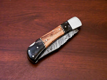 Load image into Gallery viewer, Custom Handmade Damascus Steel Back-Lock Pocket | Folding Knife | Leather Sheath - Camel Bone Handle