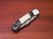 Load image into Gallery viewer, Custom Handmade Damascus Steel Back-Lock Pocket | Folding Knife | Leather Sheath-Hard Wood And Bone Handle