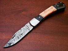 Load image into Gallery viewer, Custom Handmade Damascus Steel Back-Lock Pocket | Folding Knife | Leather Sheath - Camel Bone Handle