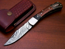 Load image into Gallery viewer, Custom Handmade Damascus Steel Back-Lock Pocket | Folding Knife | Leather Sheath - Wood Handle