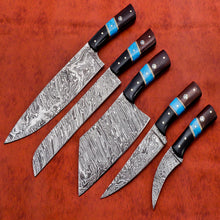 Load image into Gallery viewer, HS-142 Custom Handmade Damascus Steel 5 Pc's Chef Set with Turquoise,Resin,Wood Handle