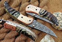 Load image into Gallery viewer, Custom Handmade Damascus Folding-Pocket Knife With Blue Ram Horn+Engraved Handle