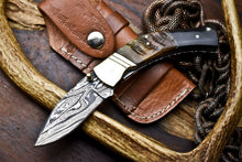 Load image into Gallery viewer, Custom Handmade Damascus Steel Pocket Folding Knife - Beautiful Ram & Buffalo Horn Handle
