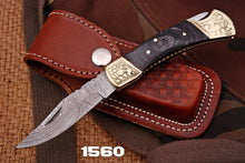 Load image into Gallery viewer, Custom Handmade Damascus Steel Pocket Folding Knife - Engraved Hard Wood Handle