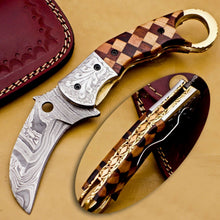 Load image into Gallery viewer, Custom Handmade Damascus Folding-Pocket Engraved Knife With Wood Handle & Pocket Clip