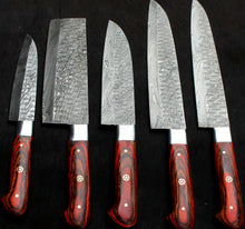 Load image into Gallery viewer, HS-206 Custom Handmade Damascus KItchen-Chef Knives Set Lot Of Five Pecs With Hard Wood Handle