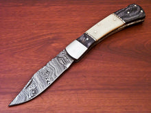 Load image into Gallery viewer, Custom Handmade Damascus Steel Back-Lock Pocket | Folding Knife | Leather Sheath-Hard Wood And Bone Handle