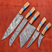 Load image into Gallery viewer, Hs-138 Custom Handmade Damascus Steel 5 Pc's Chef Set with Turquoise and Wood Handle