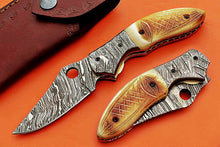 Load image into Gallery viewer, Custom Handmade Damascus Folding/Pocket Knife With Engraved Camel Bone Handle
