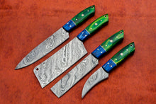 Load image into Gallery viewer, HS-145 Custom Handmade Damascus Steel 4 Pc's Chef Set with Blue and Green Wood Handlei