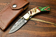 Load image into Gallery viewer, HS Cutlery | Custom Handmade Damascus Steel Blade Liner-Lock Pocket Folding Knife| Ram Horn