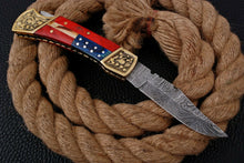 Load image into Gallery viewer, Custom Handmade Damascus Pocket Knife + Engraved Bolster And Wood Handle