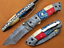 Load image into Gallery viewer, Custom Handmade Damascus Folding-Pocket Knife With Camel Bone & Hard Wood Handle