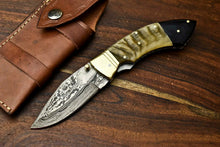 Load image into Gallery viewer, HS-1138 Custom Handmade Damascus Steel Blade Liner-Lock Pocket Folding Knife| RAM'S HORN