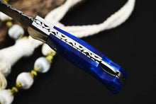 Load image into Gallery viewer, Custom Handmade Damascus Steel Back-Lock Pocket | Folding Knife | Leather Sheath- Blue Resin Handle