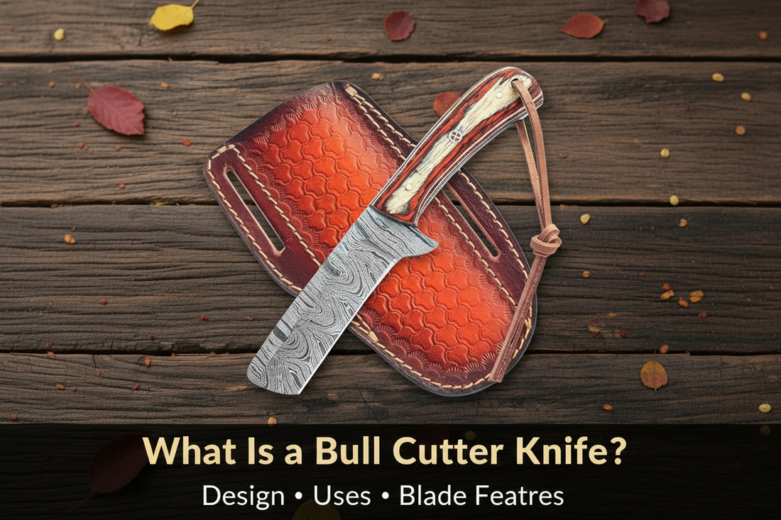 Damascus Bull Cutter Knife with leather sheath on a rustic wood surface and blog title banner