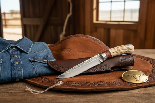 AI-generated editorial image of a sheathed cowboy knife in a western leather and denim setting