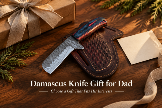 AI-styled Damascus knife gift for Dad banner with Pakka wood cowboy knife, leather sheath and decorative wrapping