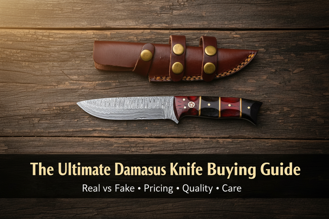 Buffalo Horn Damascus Hunting Knife with red and black horn handle on a rustic wood surface with blog title banner