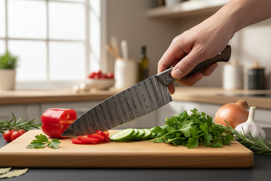 Damascus chef knife being used to prepare fresh herbs and vegetables in a bright kitchen