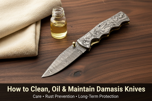 Full Damascus folding knife with cleaning cloth and oil on a walnut care bench