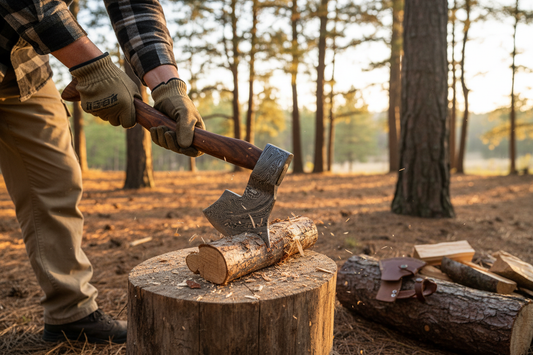 Outdoor image of the HS-1071 Damascus tomahawk axe being used to split small firewood at a forest campsite